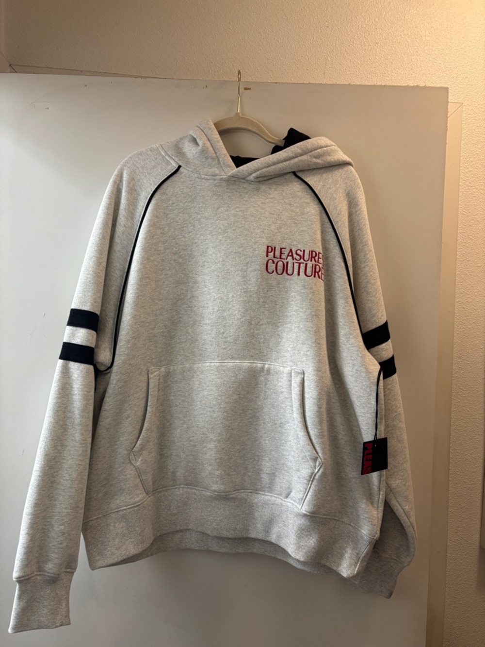 Men's Light Grey Pullover Hoodie with Black Stripe Detail